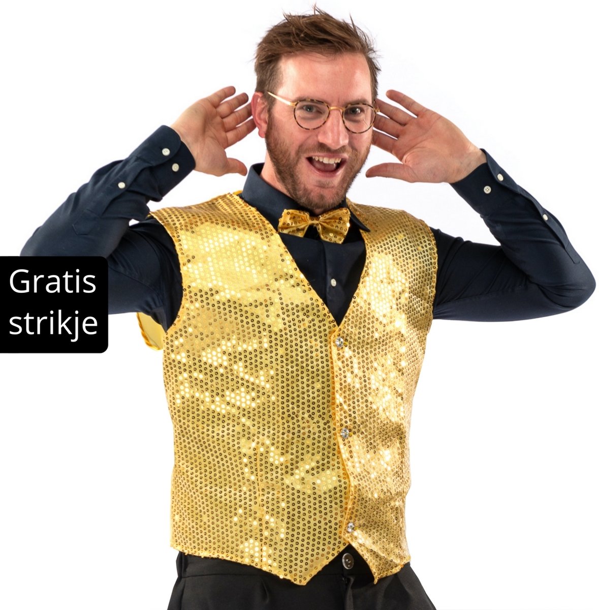 Glitter & Glamour Kostuum | Showman Cocktail Gala Glitter Vest Met Dasje Goud | Medium | Kerst | Verkleedkleding